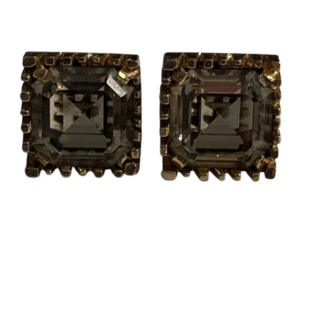 Smoky Gray Cufflinks Large Crystal‎ Rhinestone Gold Tone VTG Square Ridged Edges